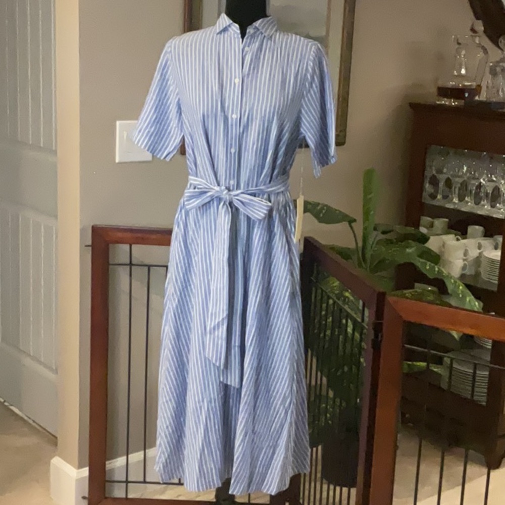 TROVATA BIRDS OF PARADISE - Blue & White Striped Tie-Waist Linen Dress, Small